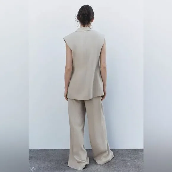 NWT ZARA High Waist Linen Blend Darted Trouser Pant in Camel Size XL - Picture 4 of 9